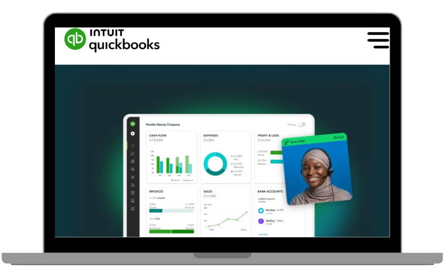 A laptop displaying the Quickbooks homepage.