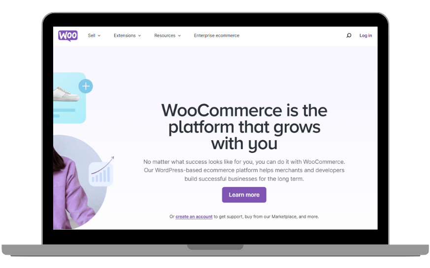 A laptop displaying the WooCommerce homepage.